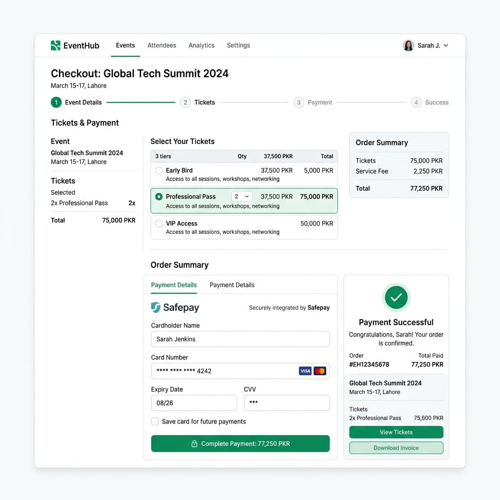 SwiftVenue ticket checkout flow with Safepay